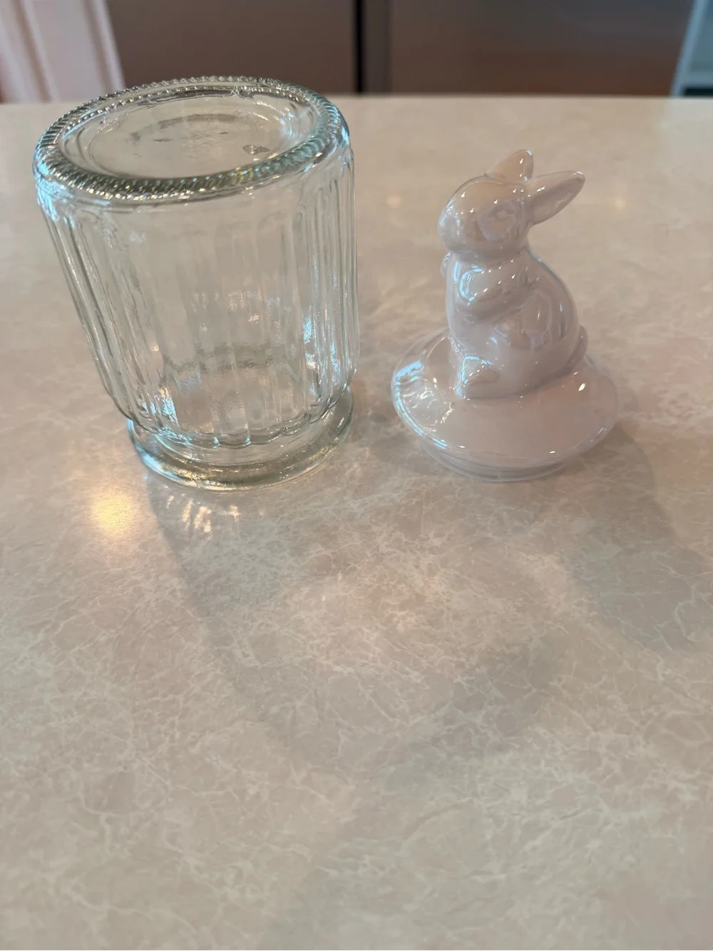 Ceramic Glass Storage Jar - with Iridescent ceramic Bunny on the lid